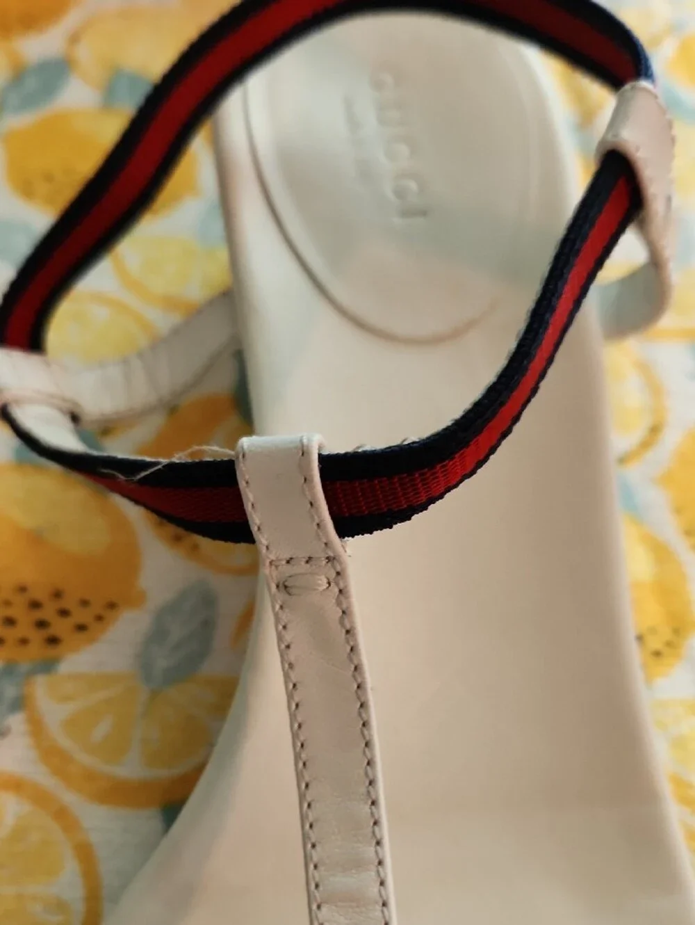 Gucci White T-Strap Sandals with Red and Navy Webbing